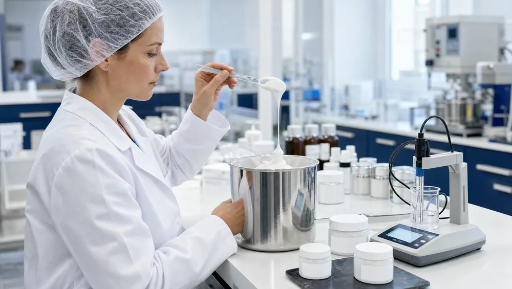 Technologist examining a cream sample in the laboratory